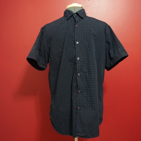 short sleeve navy polka dot button up - Picture 1 of 3